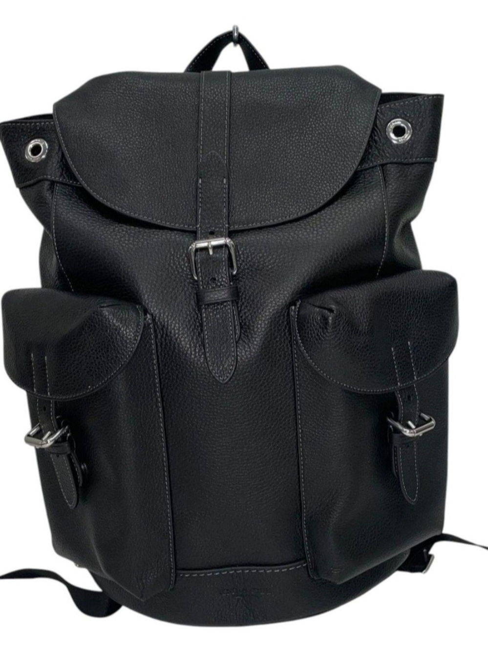 Black Leather Backpack with Front Pockets